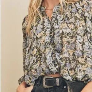 Dress Forum Rose Button Down Shirred Top Size Large